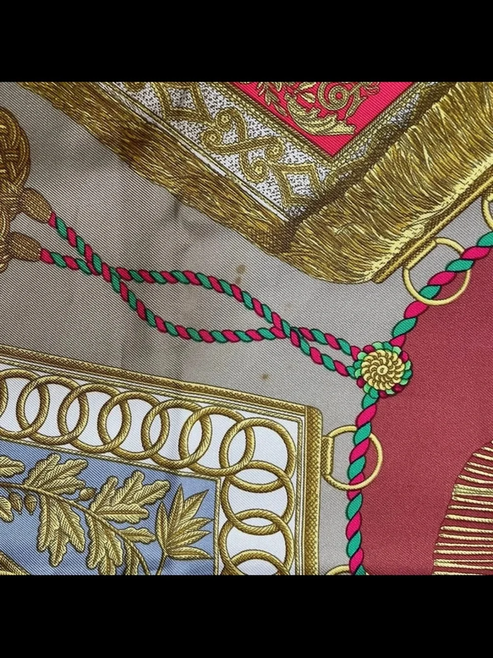 Hermes Red Gold Gray Printed Silk Scarf